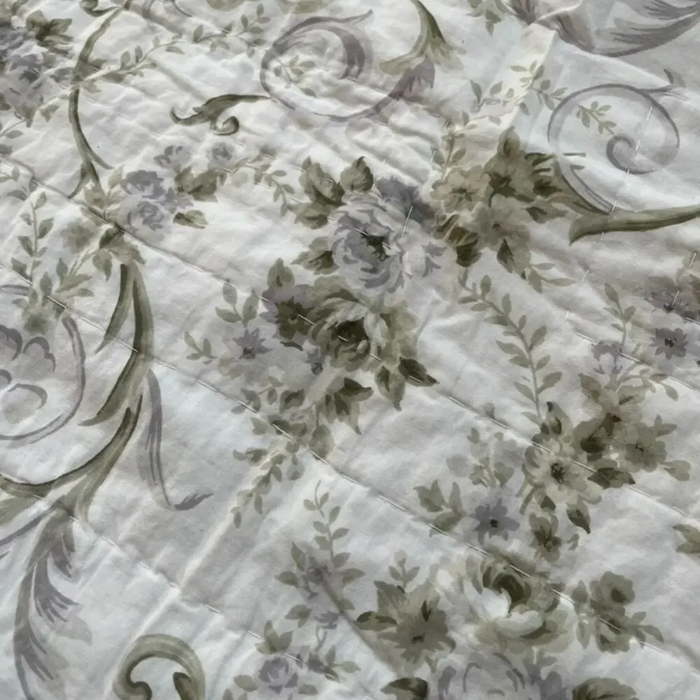 Vintage Chic Quilt Bedspread Gray Floral Patchwork Pattern 88 x 85 Ruffle Trim